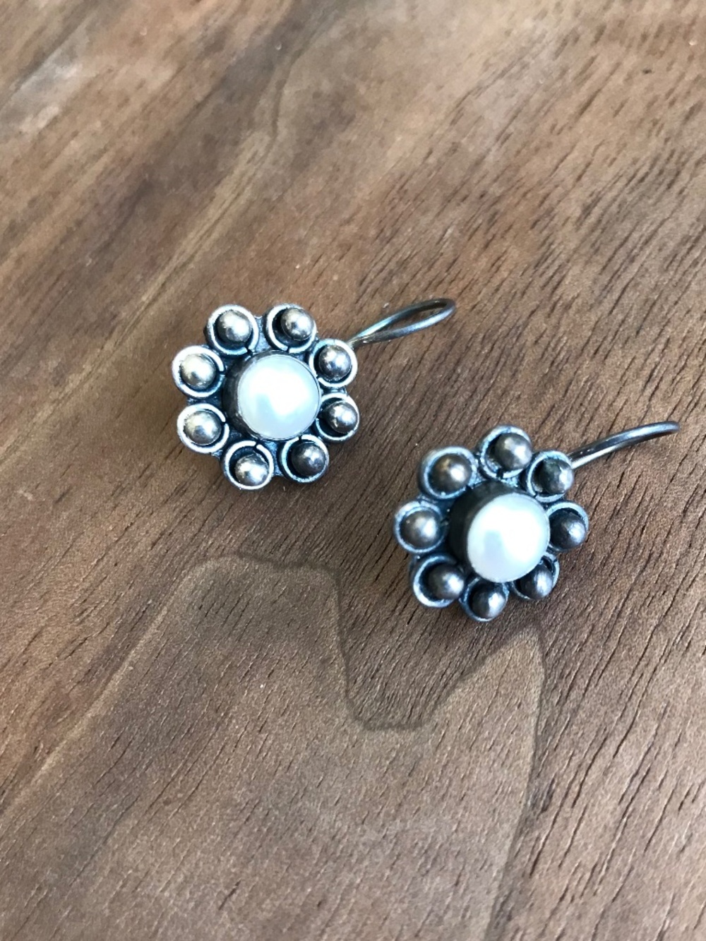Vintage White Faux Pearl Flower Dangle Drop Earrings Sterling 925 Silver